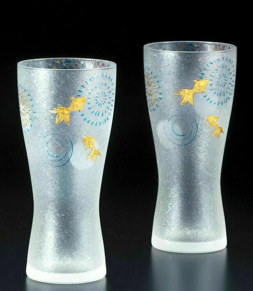 Premium Beer Glass Hanabi Fireworks Goldfish Pair Set 310ml Limited JAPAN